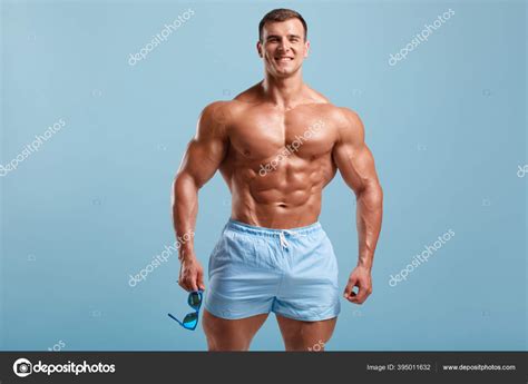 Handsome Muscular Man Naked Torso Abs Isolated Blue Background Fitness