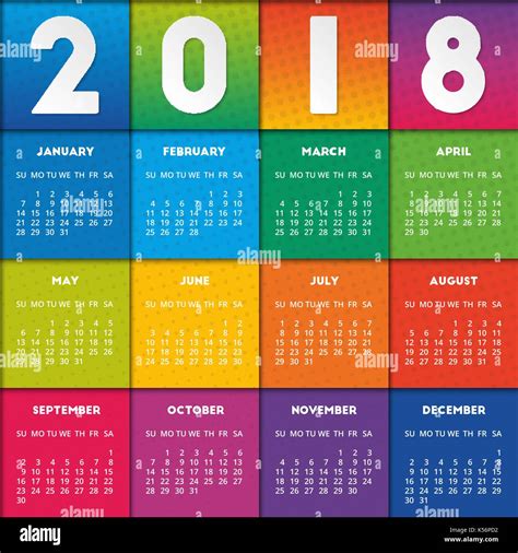 Colorful Calendar 2018 Design Week Starts On Sunday Stock Vector Image And Art Alamy