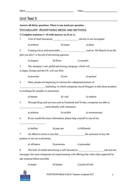 Unit Test Market Leader Rd Edition Extra English Type British