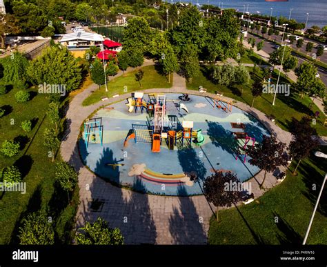 Aerial Drone View Of Kids Playground In The City Garden Near Seaside