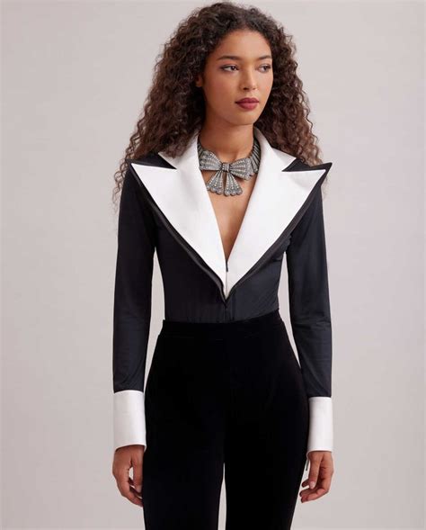 Black Bodysuit With White Oversized Lapel Womens Luxury Bodysuits