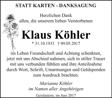 Traueranzeigen Von Klaus K Hler Saarbruecker Zeitung Trauer De