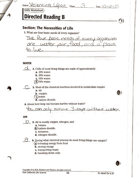 Solution Necessities Of Life Directed Reading Worksheet Studypool