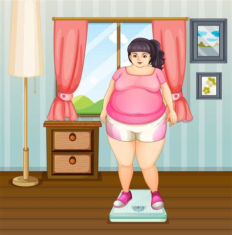 A Fat Girl On A Weighing Scale Stock Vector Illustration Of Indoor