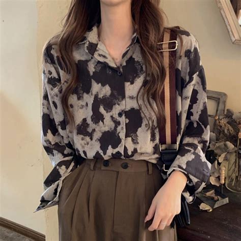 Autumn Women Leopard Print Long Sleeve Lapel Blouses Casual V Neck