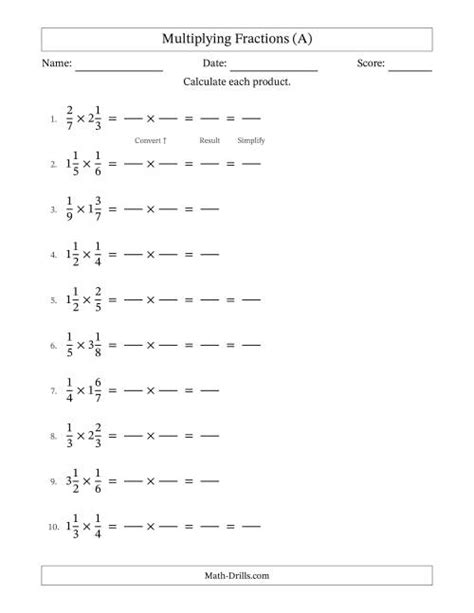 Multiplying Proper And Mixed Fractions With Some Simplification Fillable A