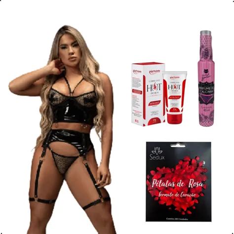Kit Lingerie Sexy Black Shine Vinil Sensual E Acess Rios Parcelamento Sem Juros