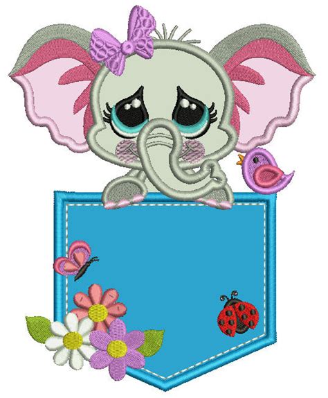 Little Elephant Sitting Inside a Pocket With Ladybug and Flowers Appli ...