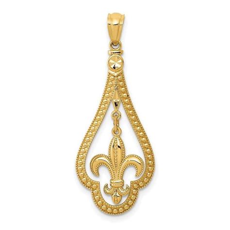 Finest Gold 14k Yellow Gold Diamond Cut Polished Fleur De Lis Dangle