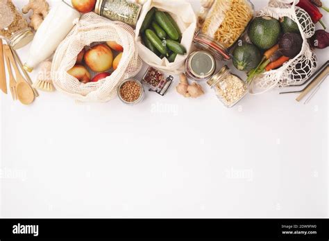 Zero Waste Concept Eco Bags With Fruits And Vegetables Glass Jars