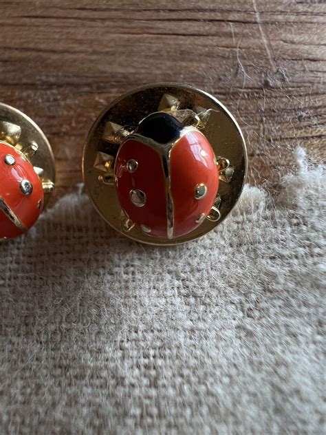 Vintage Enamel Rhinestone Ladybug Brooch Pin Set 2 Gem