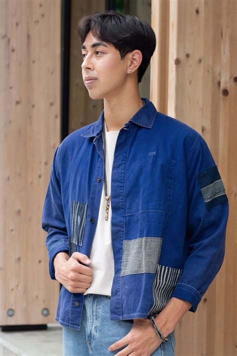 Patched Vintage French Workman Jacket Indigo Kasuri And Shima