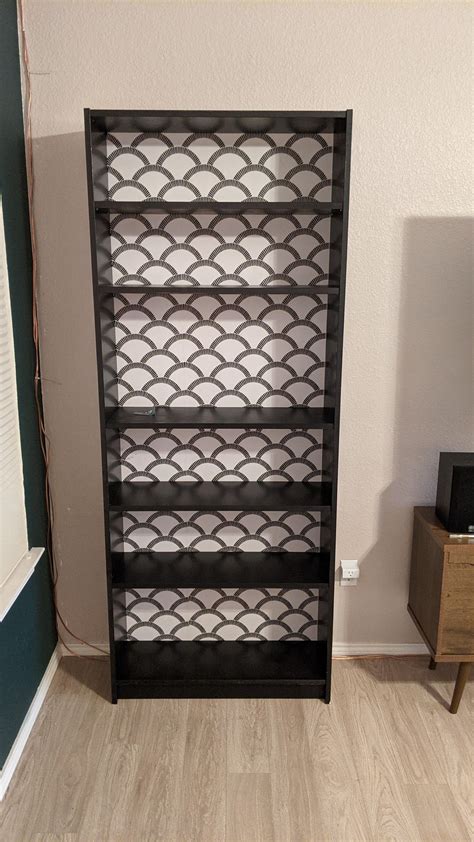 Painted Billy Bookcase Black And Added Wallpaper To The Backing Very Happy With The Results