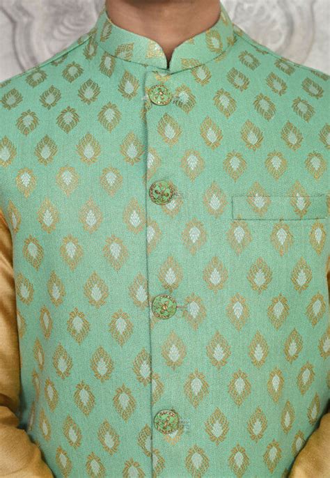 Woven Cotton Silk Kurta Set In Beige And Sea Green Mlc2402