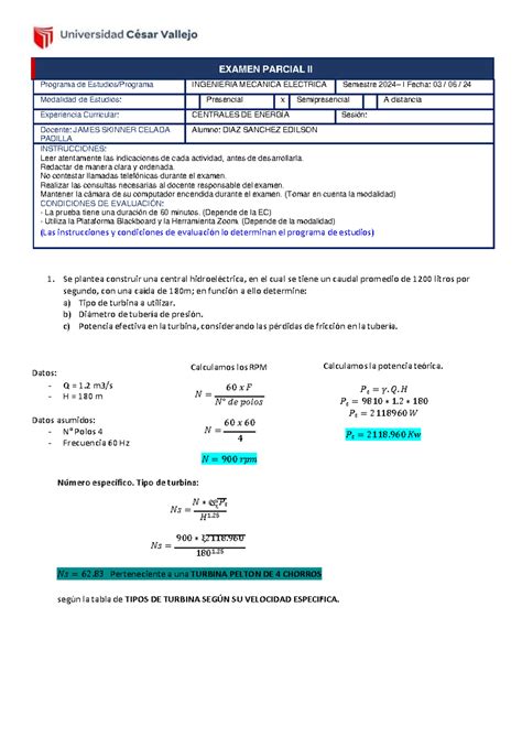 Examen Parcial II centrales de generacion Número específico Tipo de