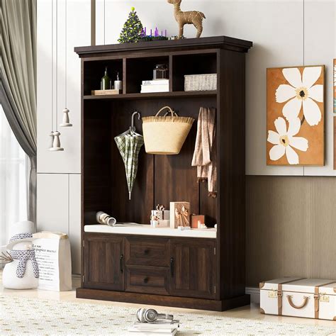 Hall Tree With Storage Bench Coat Rack With 2 Cabinet And 2