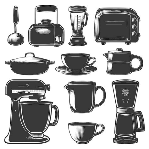 Premium Vector Kitchen Appliances Collection Set With Engraving Style