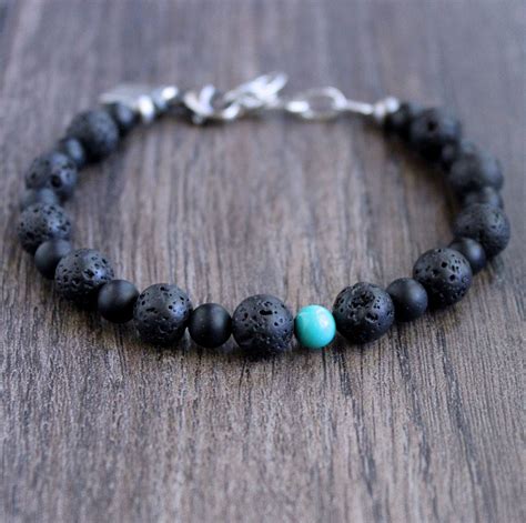 Mens Black Lava Bead Bracelet With Turquoise 8mm Lynntodddesigns