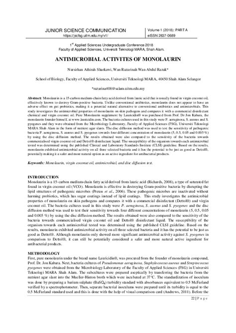 Pdf Antimicrobial Activities Of Monolaurin Nursirhan Athirah