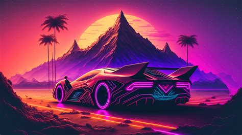Sports Car In A Futuristic Mountain Sunset Wallpaper 8k