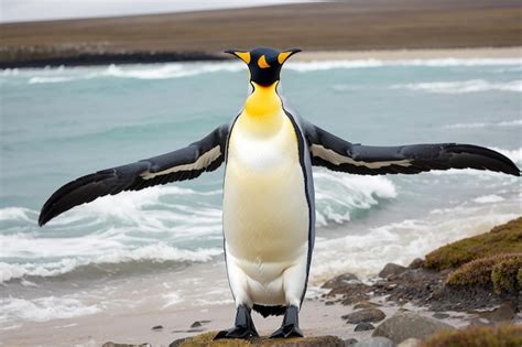 Premium Photo Big King Penguin Going To Blue Water Atlantic Ocean In