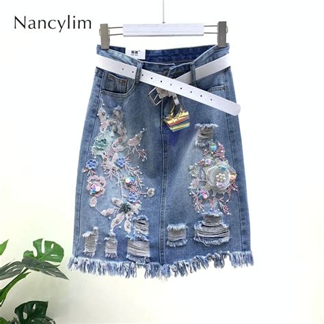 Women Denim Jeans Skirt 2019 Summer New Fashion Heavy Beads Embroidery