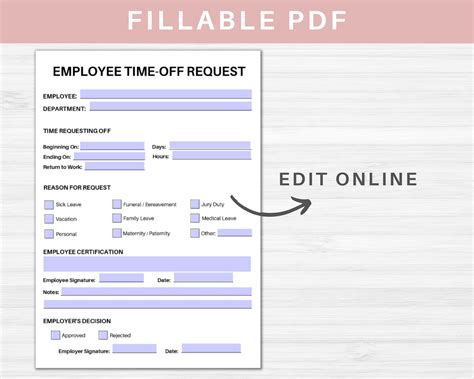 Employee Time Off Request Template Editable Vacation Form Time Off