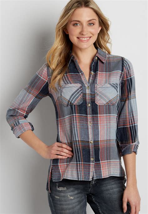 Button Down Shirt In Multicolor Plaid Flannel Fashion Plaid Tops