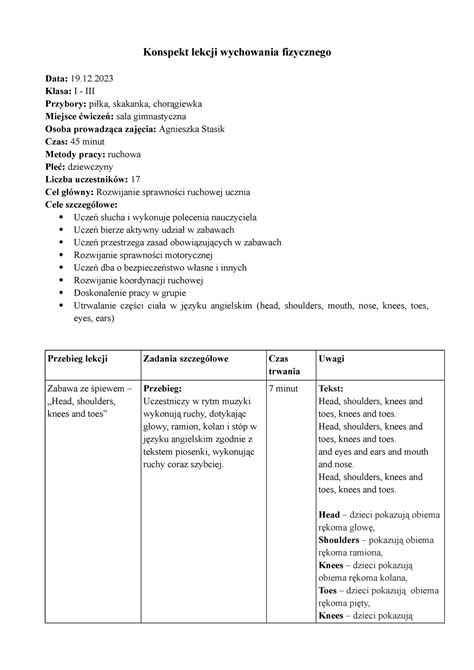 Konspekt Wf Pedagogika Konspekt Lekcji Wychowania Fizycznego Data