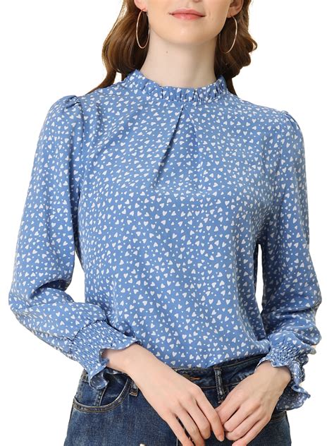 Allegra K Women S Ruffled Mock Neck Smocked Long Sleeve Printed Blouse