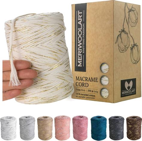 MeriWoolArt Makramee Garn Natur Makramee Garn 3mm Farbig 200m