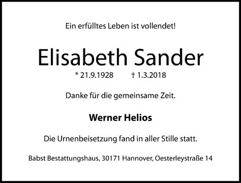 Traueranzeigen Von Elisabeth Sander Trauer Anzeigen De