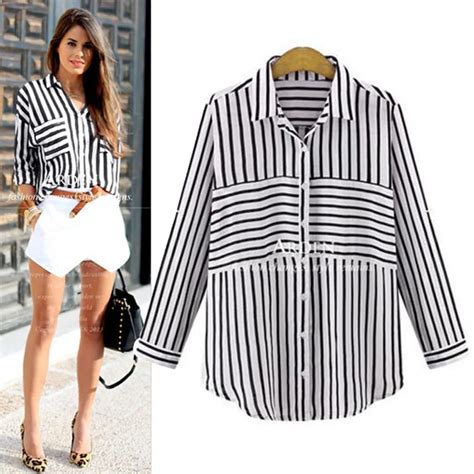 Xxxl 4xl 5x Plus Size Women Black And White Striped Shirts 2016 Autumn Fashion Single Breasted