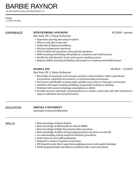 Entry Technician Resume Samples Velvet Jobs