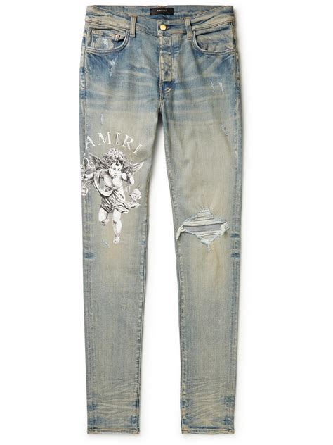 Amiri Cherub Skinny Fit Distressed Printed Jeans Blue Amiri