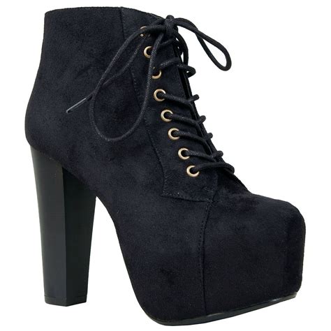 Retro Black Suede Boot Chunky Heel Platform Lace Up Ankle Bootie Women