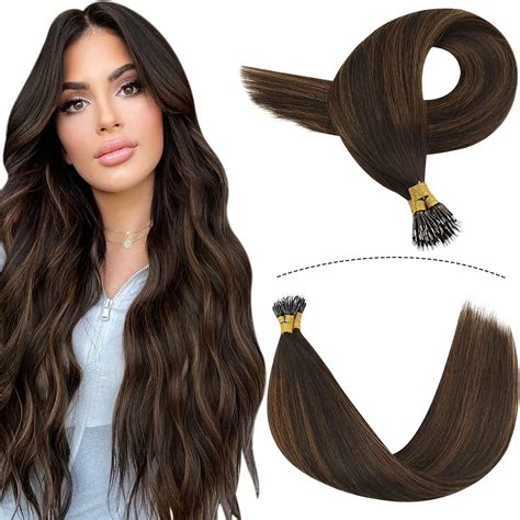 Youngsee Ombre Nano Hair Extensions 16 Inch Brown Nano Beads Hair Extensions Balayage Dark Brown