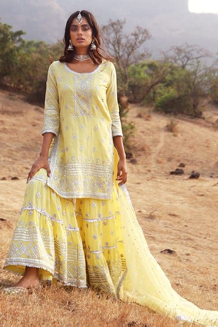 Buy Yellow Cotton Silk Dupatta Net Round Embroidered Kurta Sharara Set