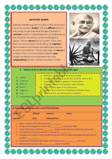 Mahatma Gandhi Esl Worksheet By Yasam Vocabulary Worksheets