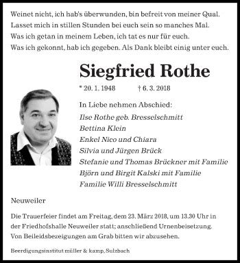 Traueranzeigen Von Siegfried Rothe Saarbruecker Zeitung Trauer De