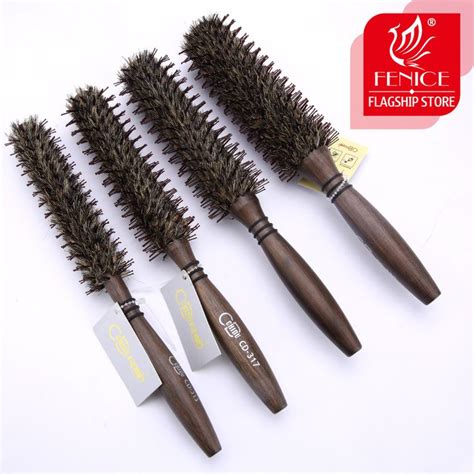 Roll Round Comb Hair Brush Bristle Pig Mane Brown Bristles Wood Handle