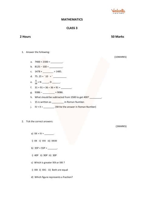 Cbse Sample Papers For Class 3 Maths With Solutions Mock Paper 1 Sample Paper Class 3 Maths