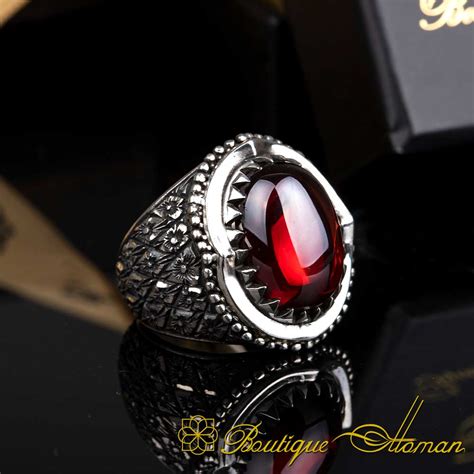 Red Garnet Oval Hand Engraved Silver Ring Boutique Ottoman Exclusive