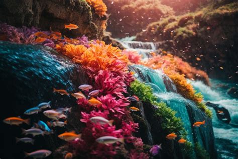 The Waterfall Flows With Flocks Of Flowers And Fish Photo | JPG Free ...