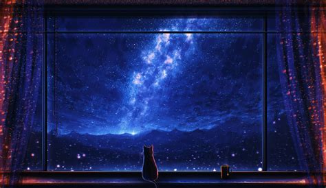 Elizabeth Miloecute Digital Art Starry Night Window Cats Clouds Rain