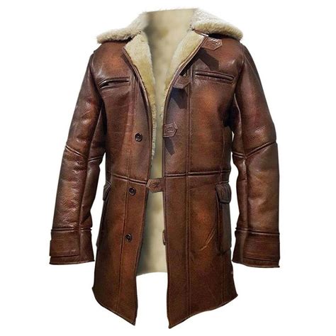 Mens Brown Faux Shearling Long Leather Coat Jacket World