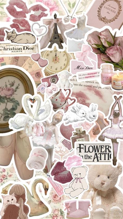 A Collage Of Pink And White Stickers With Flowers Swans Teddy Bears