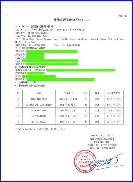 ベトナムの取引先である「jvsグループ」にて、介護職種での内定者の「在留資格申請の推薦状」が海外労働局（dolab）から発行されました