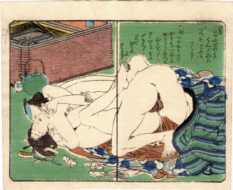 SPRING POEMS NAKED COUPLE EMBRACING NEXT TO THE BRAZIER Utagawa