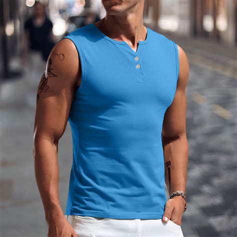 Mens Tank Tops Henley V Neck Gym Muscle Tee Fitness Workout